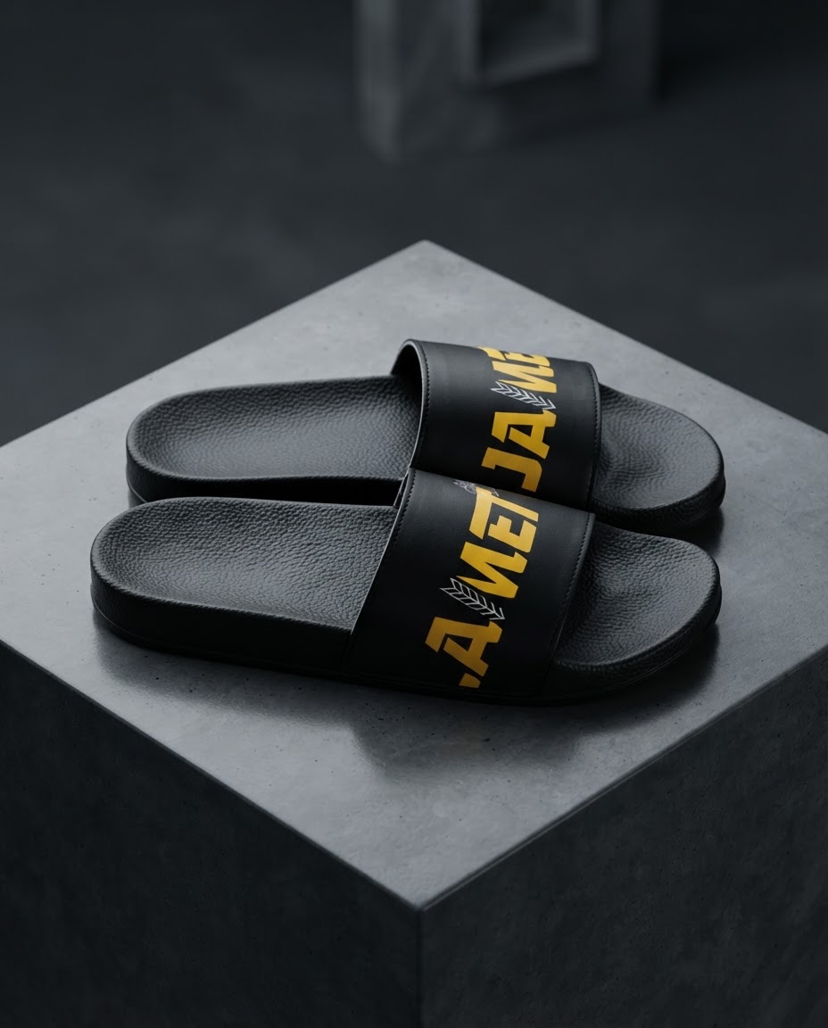 Claquettes de sortie de tatami noires et jaunes avec typographie JAMET du Jamet Sporting Club