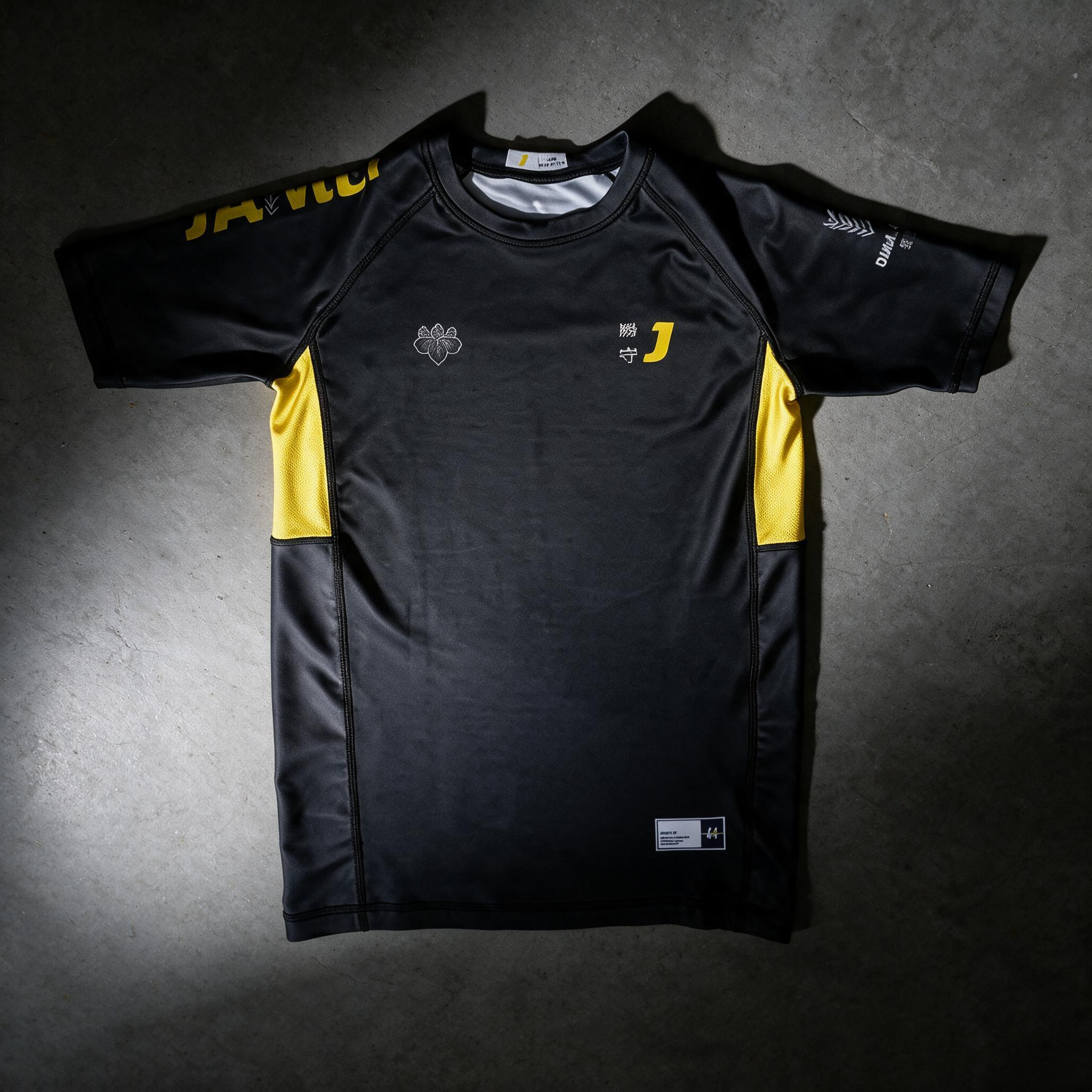 Rashguard manches courtes noir et jaune avec blason et kanji OMAMORI Jamet Sporting Club
