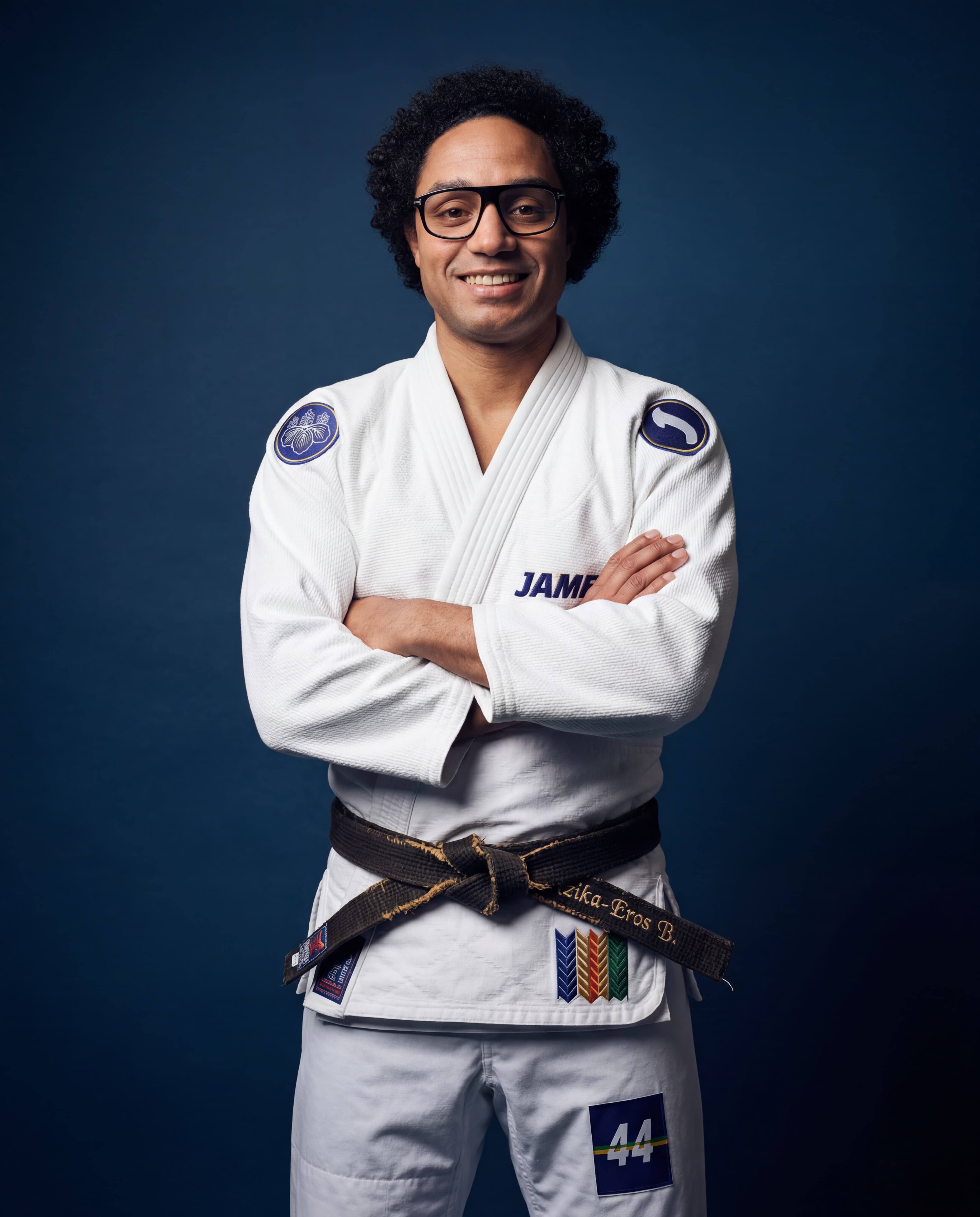 Portrait professionnel de Benjamin AZIKA-EROS, directeur technique et enseignant de judo et jiu-jitsu brésilien au Jamet Sporting Club à Nantes, en kimono blanc et ceinture noire.