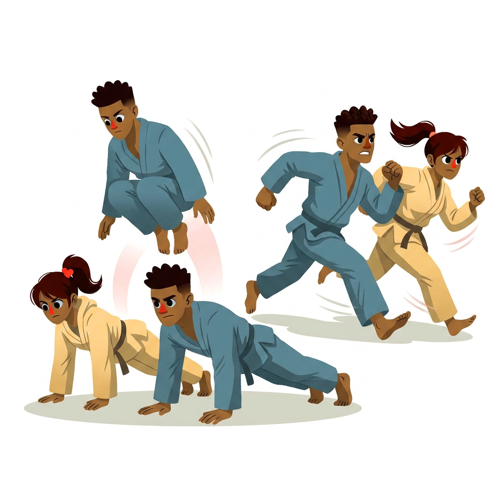 Illustration pédagogique du Jamet Sporting Club à Nantes montrant des athlètes en kimono réalisant des exercices de Functional Training pour le renforcement physique martial.