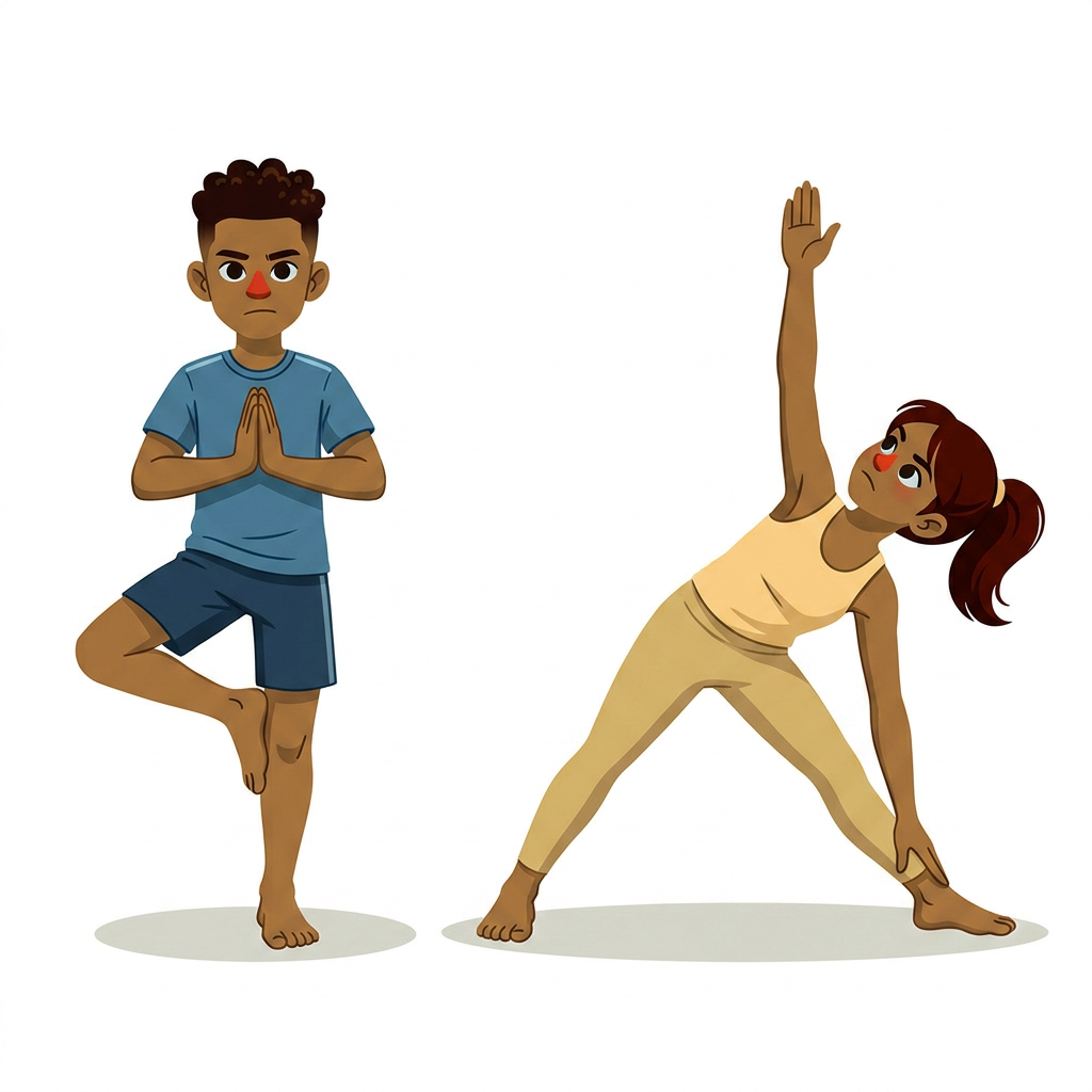 Illustration pédagogique du Jamet Sporting Club à Nantes montrant des enfants réalisant des postures de Yoga pour l'équilibre physique et la flexibilité martiale.
