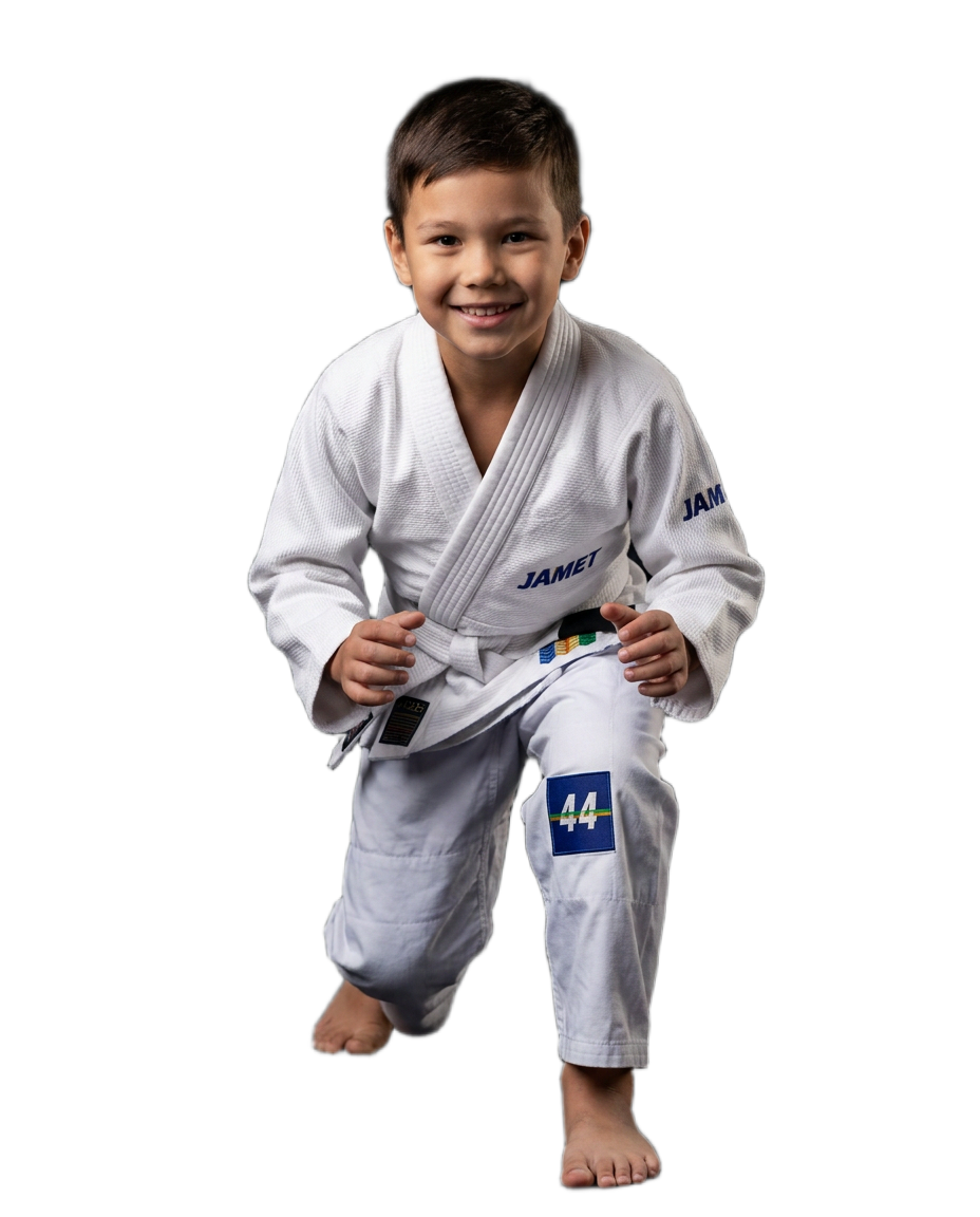 Infographie présentant les 6 piliers pour bâtir l'équilibre des enfants au Jamet Sporting Club de Bellevue. Le visuel montre un jeune garçon en kimono blanc, souriant et accroupi sur fond noir, entouré de pictogrammes illustrant : Discipline & Rigueur, Motricité & Coordination, Respect d'Autrui, Stratégie, Confiance en Soi, Humble & Fair-play.